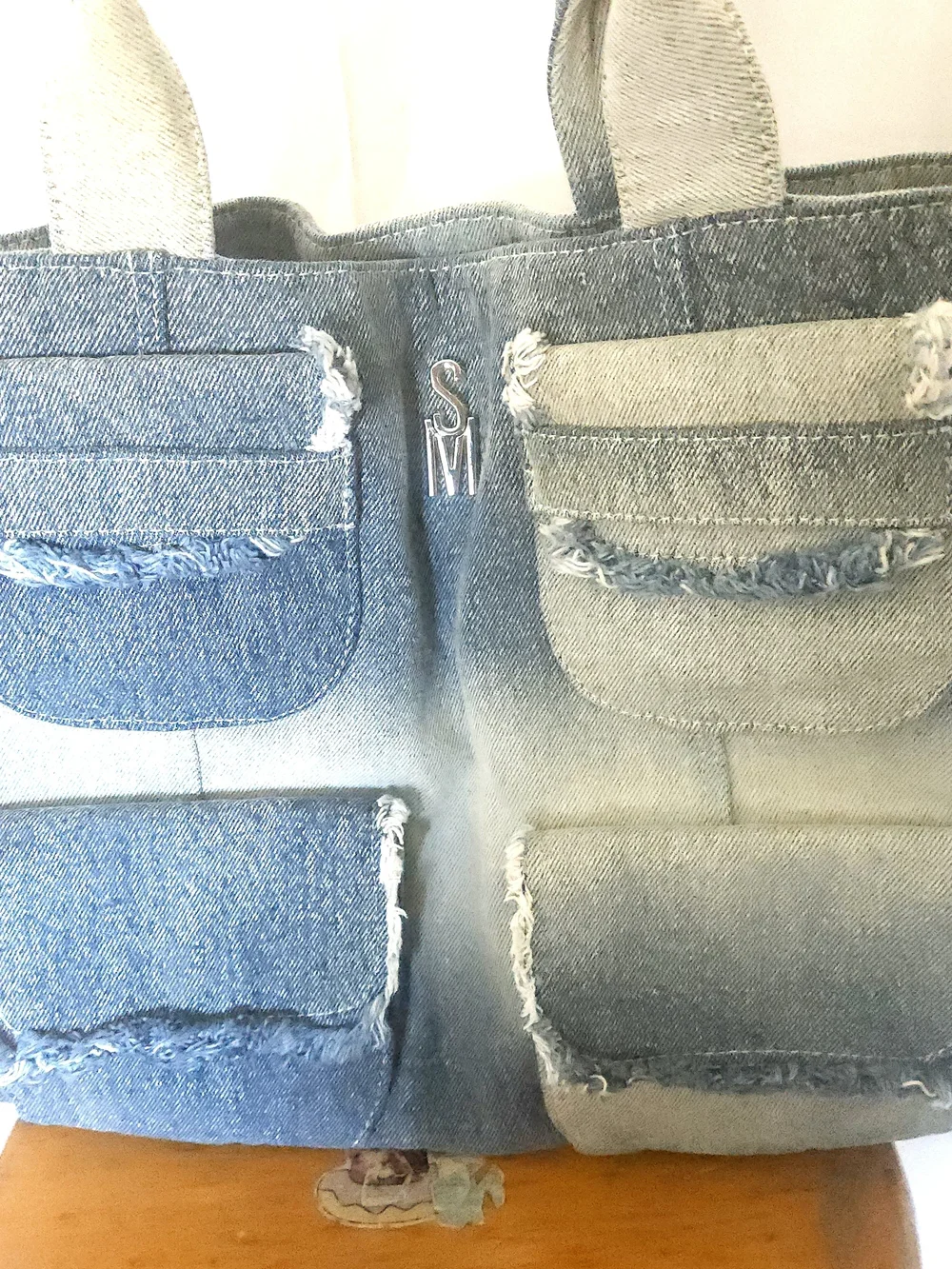Denim Patchwork Tote Bag in Faded Blue
